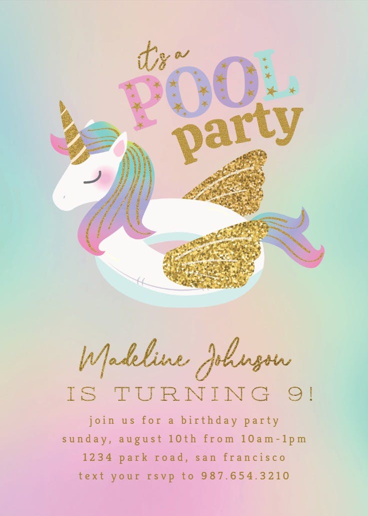 Unicorn pool birthday party - pool party invitation